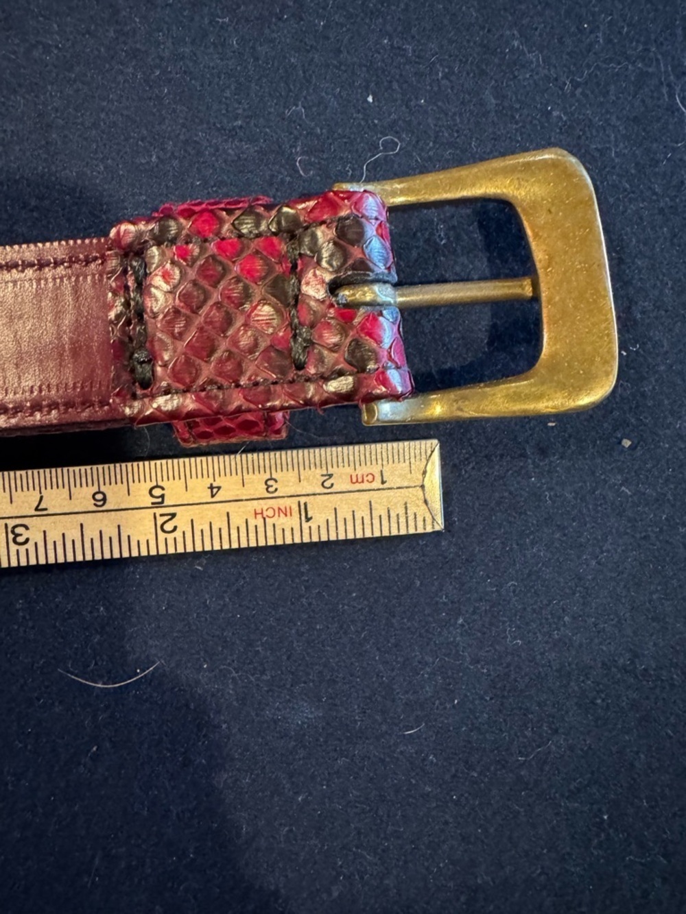 Italian Red Snakeskin Textured Leather Belt with Brass Buckle Sz M - Picture 3 of 10